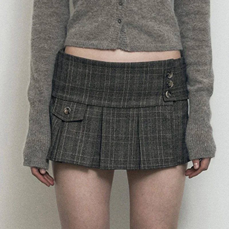 Y2K Vintage Plaid High Waist Mini Skirt - Khaki Grey Sweet Preppy Style