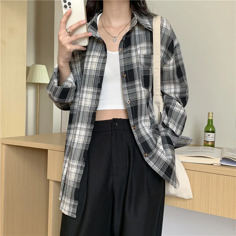 Y2K Vintage Plaid Oversize Shirt - Harajuku Style Button-Up Top