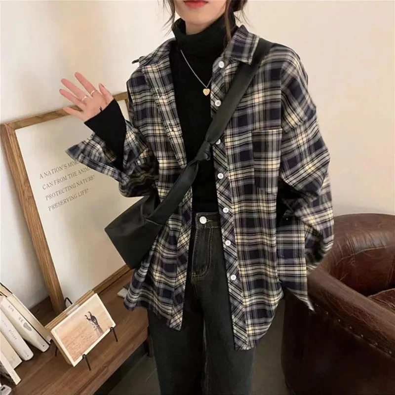 Y2K Vintage Plaid Oversized Shirt - Korean Loose Fit Harajuku Summer Top