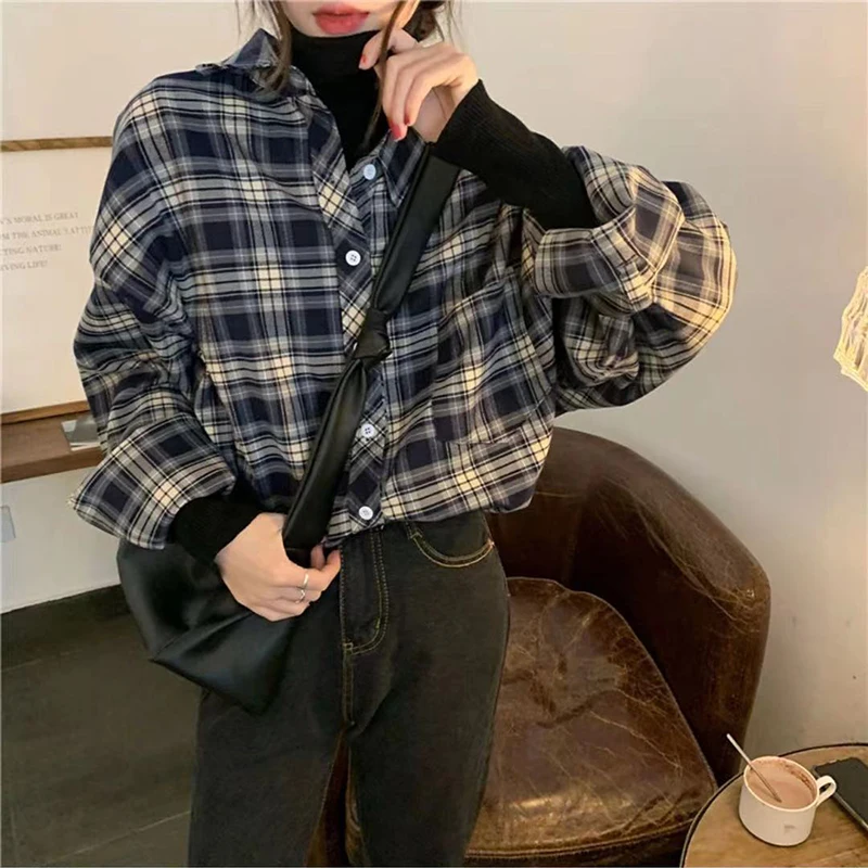 Y2K Vintage Plaid Oversized Shirt - Korean Loose Fit Harajuku Summer Top