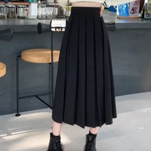 Y2K Vintage Pleated Midi Skirt - High Waist A-line School Girl Style