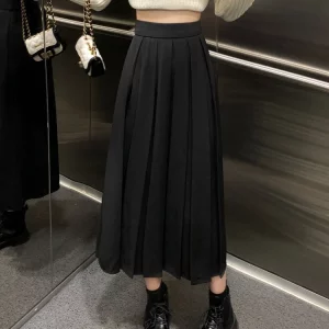 Y2K Vintage Pleated Midi Skirt - High Waist A-line School Girl Style