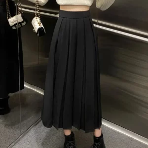 Y2K Vintage Pleated Midi Skirt - High Waist A-line School Girl Style