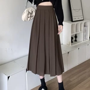 Y2K Vintage Pleated Midi Skirt - High Waist A-line School Girl Style