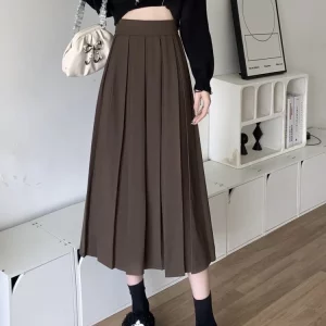 Y2K Vintage Pleated Midi Skirt - High Waist A-line School Girl Style