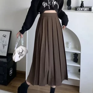 Y2K Vintage Pleated Midi Skirt - High Waist A-line School Girl Style