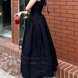 Y2K Vintage Punk Black Lace Pleated A-Line Dress - Spaghetti Strap Backless Gothic Night Prom Outfit