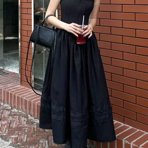 Y2K Vintage Punk Black Lace Pleated A-Line Dress - Spaghetti Strap Backless Gothic Night Prom Outfit