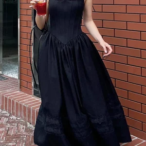 Y2K Vintage Punk Black Lace Pleated A-Line Dress - Spaghetti Strap Backless Gothic Night Prom Outfit