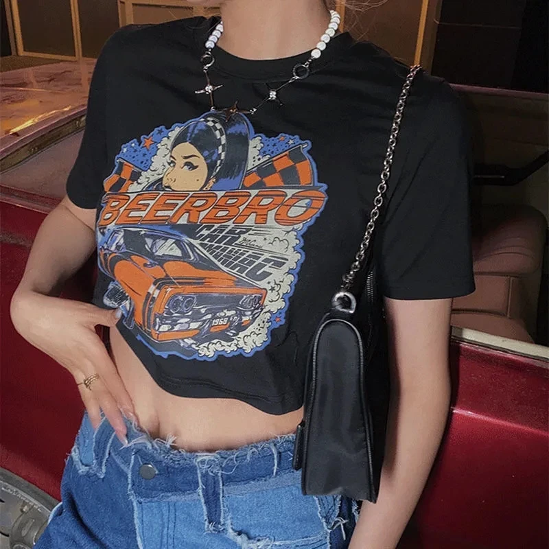 Y2K Vintage Racing Car Print Short T-Shirt - Women's Streetwear Punk Crop Top