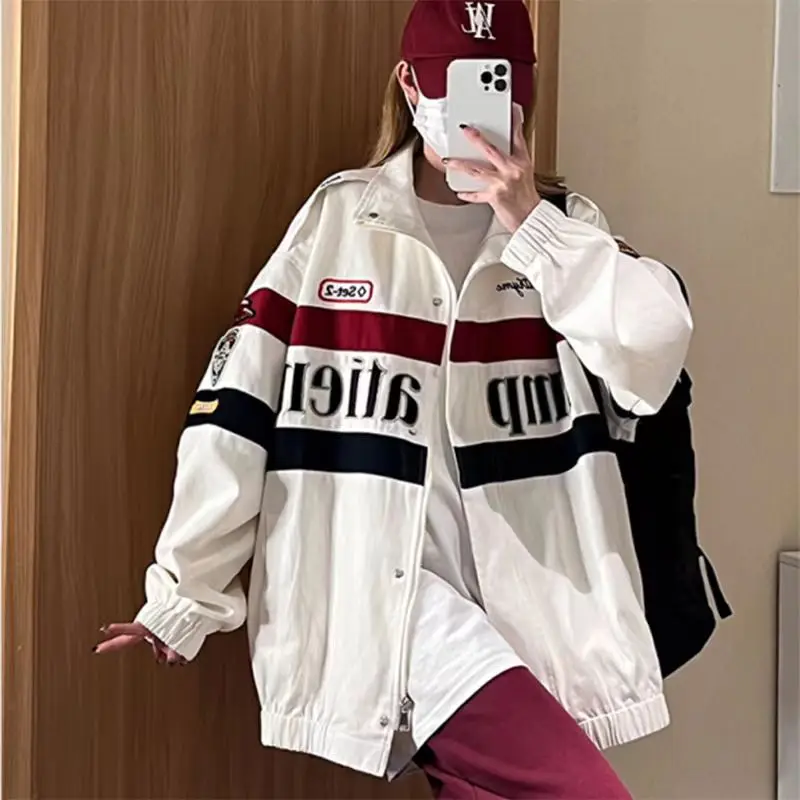 Y2K Vintage Racing Jacket Women Oversized Streetwear Bomber Coat