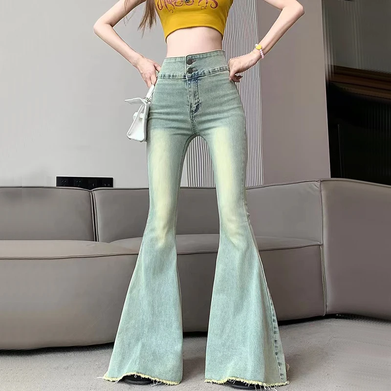 Y2K Vintage Raw Edge Flare Jeans - High Waist Slim Denim Pants