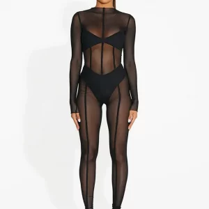 Y2K Vintage Retro Mesh Striped Jumpsuit - Sexy See-through Bodycon Romper