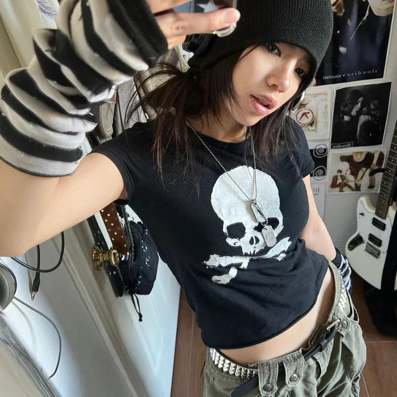 Y2K Vintage Skull Print Grunge Crop Top - Women's Summer Gothic Punk Harajuku Style Black Tee