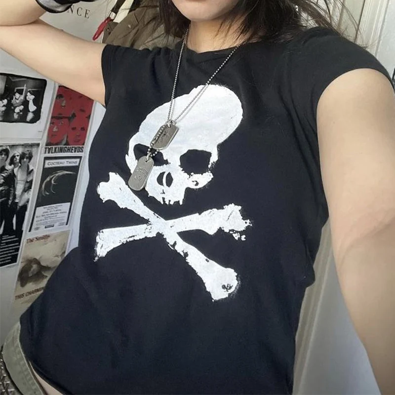 Y2K Vintage Skull Print Grunge Crop Top - Women's Summer Gothic Punk Harajuku Style Black Tee