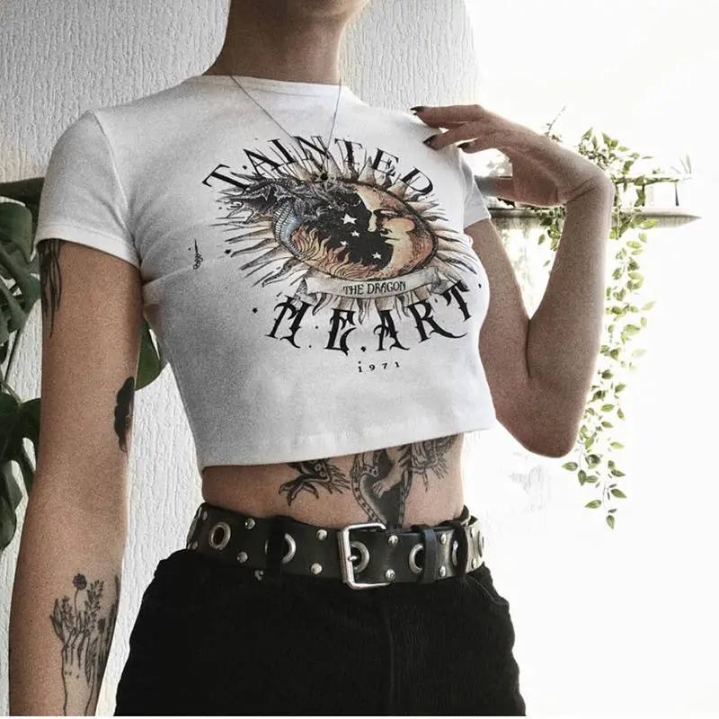 Y2K Vintage Slim Sun Print Casual Top - Dragon Grunge Graphic Tee