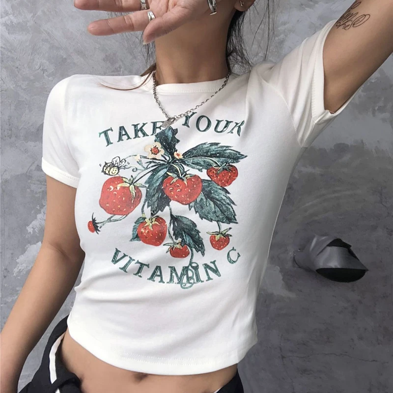 Y2K Vintage Strawberry Print Crop Top - Harajuku Streetwear Women's T-Shirt