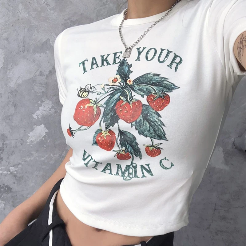 Y2K Vintage Strawberry Print Crop Top - Harajuku Streetwear Women's T-Shirt