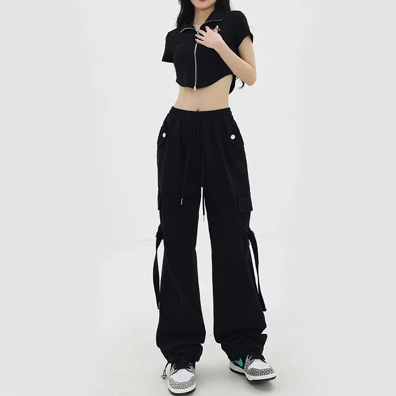 Y2K Vintage Streetwear Cargo Pants - High Waist Lace-Up Wide Leg Trouser