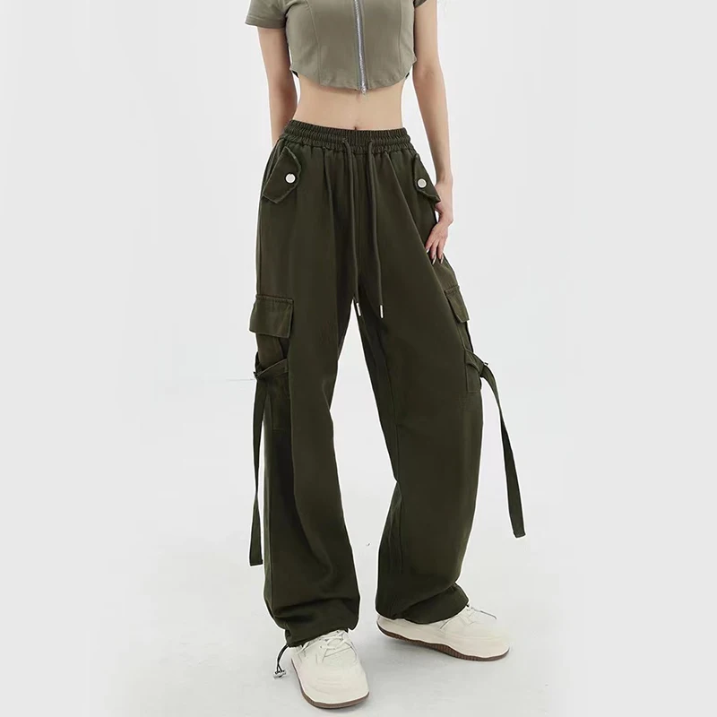 Y2K Vintage Streetwear Cargo Pants - High Waist Lace-Up Wide Leg Trouser