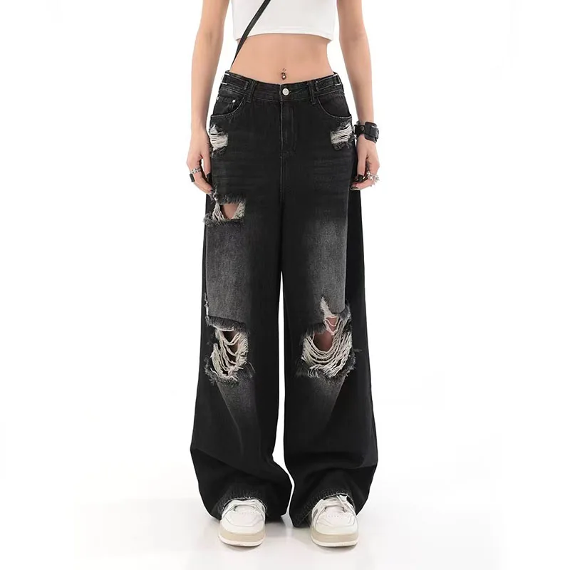 Y2K Vintage Streetwear Ripped Jeans - High Waist Hip Hop Loose Straight Denim Trousers