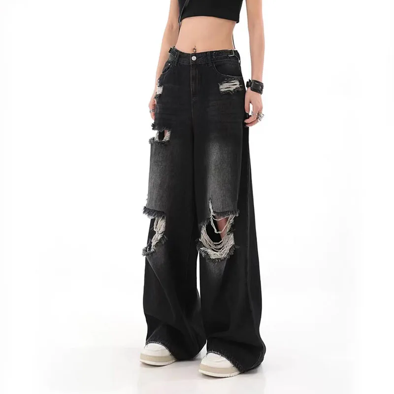 Y2K Vintage Streetwear Ripped Jeans - High Waist Hip Hop Loose Straight Denim Trousers