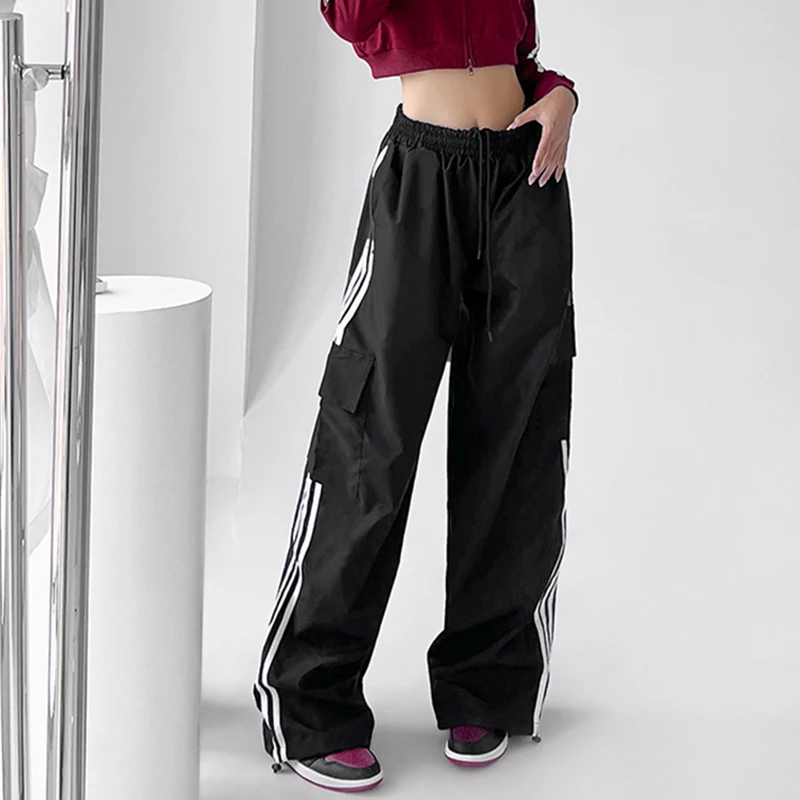 Y2K Vintage Stripe Cargo Pants - High Waist Loose Wide Leg Trousers