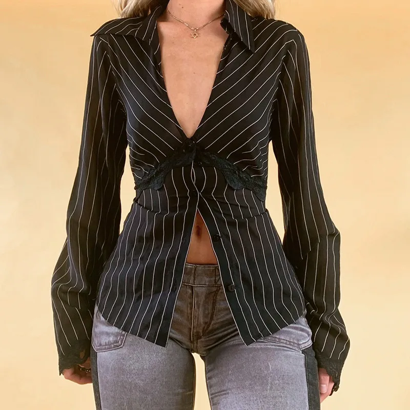 Y2K Vintage Stripe Flared Sleeve Cardigan with Lace Deep V Neck