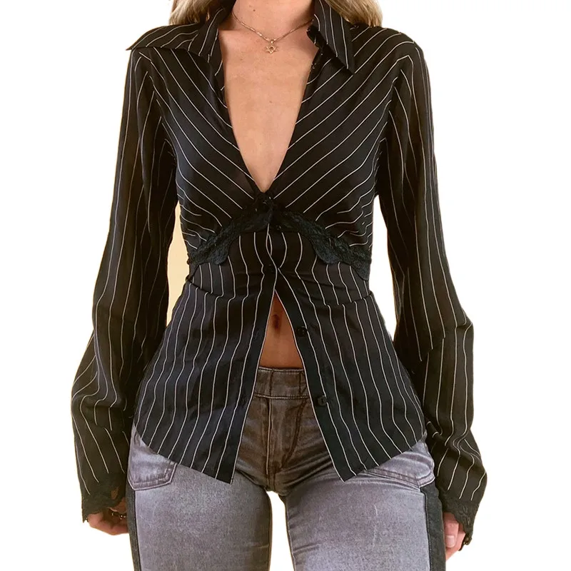 Y2K Vintage Stripe Flared Sleeve Cardigan with Lace Deep V Neck