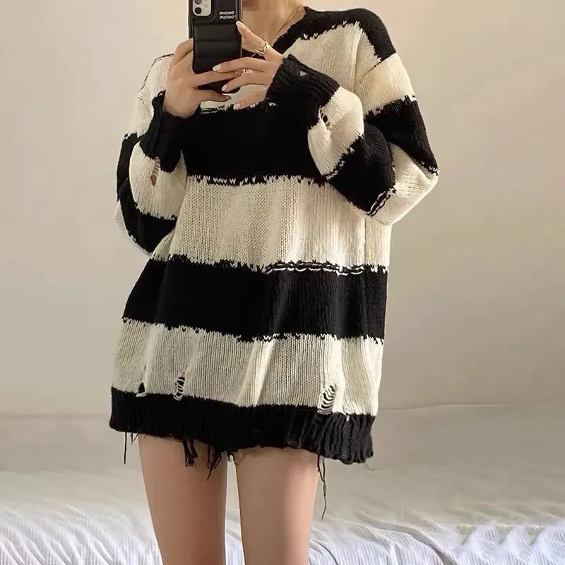 Y2K Vintage Stripe Knit Sweater - Autumn Streetwear Pullover