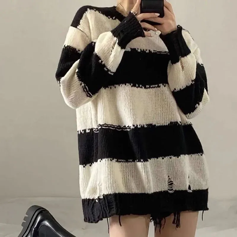 Y2K Vintage Stripe Knit Sweater - Autumn Streetwear Pullover