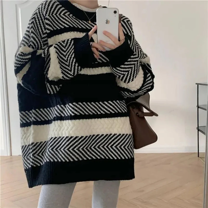 Y2K Vintage Striped Knit Sweater - Autumn Streetwear Pullover