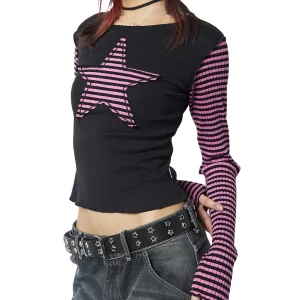 Y2k Vintage Striped Star Pattern T-Shirt - Grunge Aesthetic Streetwear