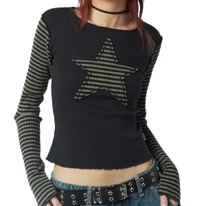 Y2k Vintage Striped Star Pattern T-Shirt - Grunge Aesthetic Streetwear