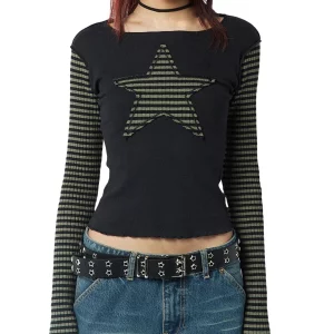 Y2k Vintage Striped Star Pattern T-Shirt - Grunge Aesthetic Streetwear