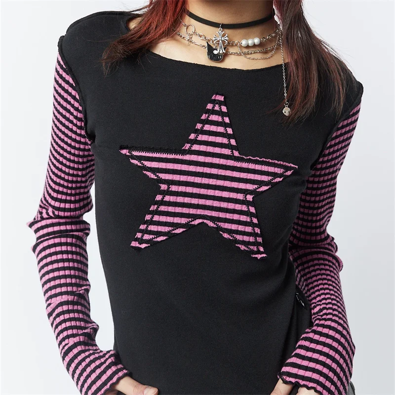 Y2k Vintage Striped Star Pattern T-Shirt - Grunge Aesthetic Streetwear