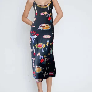 Y2K Vintage Table Print Sleeveless Backless Midi Bodycon Party Slip Cami A-Line Dress