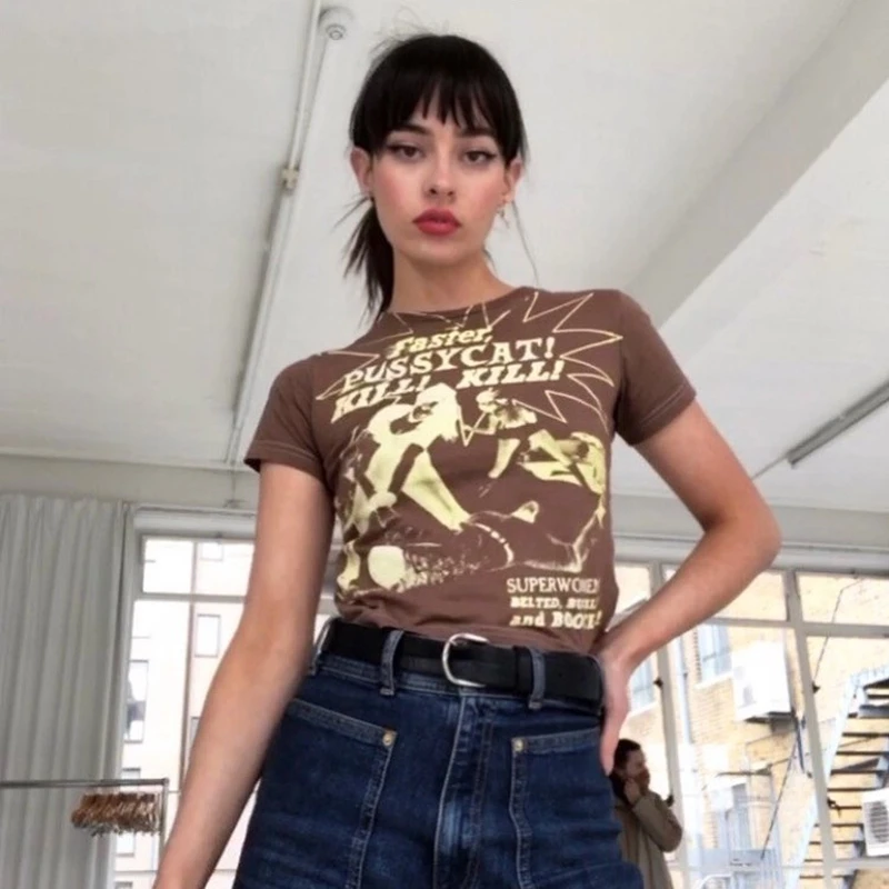 Y2K Vintage Women's Slim Crop Top | 90s Aesthetic Tee