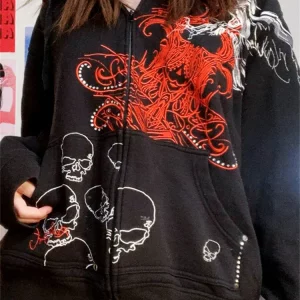 Y2k Vintage Zip-Up Hoodie: Oversized Graphic Sweatshirt for Women