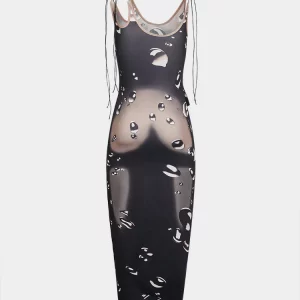 Y2K Water Body Print Maxi Dress - Sexy Asymmetrical Neck Sleeveless Bodycon Party Dress