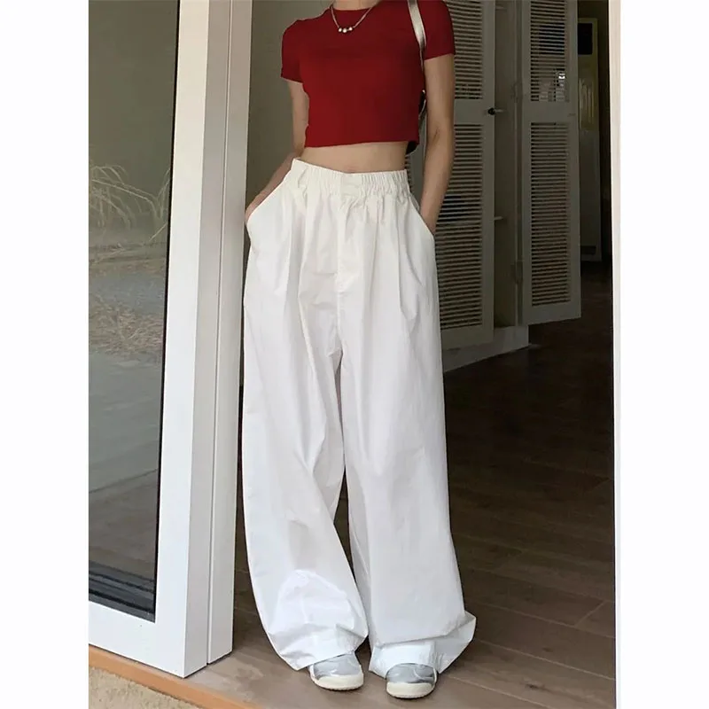 Y2K White Hip Hop Wide Leg Pants - Autumn High Waist Cargo Trousers