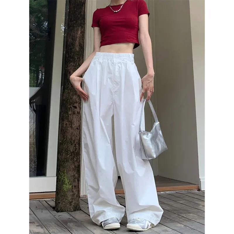 Y2K White Hip Hop Wide Leg Pants - Autumn High Waist Cargo Trousers