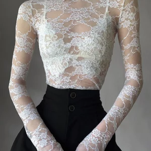 Y2K White Lace Crop Top Turtleneck Vintage Fairycore French Tee Smock Top