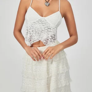 Y2k White Lace Floral Slip Camis - Sleeveless Spaghetti Strap Wrap Hem Vest - Sexy Clubwear