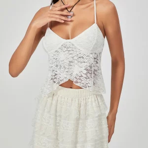 Y2k White Lace Floral Slip Camis - Sleeveless Spaghetti Strap Wrap Hem Vest - Sexy Clubwear