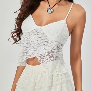 Y2k White Lace Floral Slip Camis - Sleeveless Spaghetti Strap Wrap Hem Vest - Sexy Clubwear