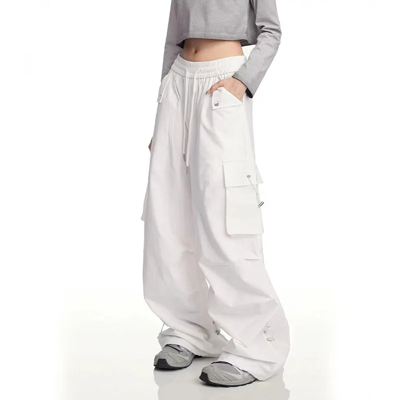 Y2K White Parachute Cargo Pants - High Waist Shirring - Oversized Streetwear