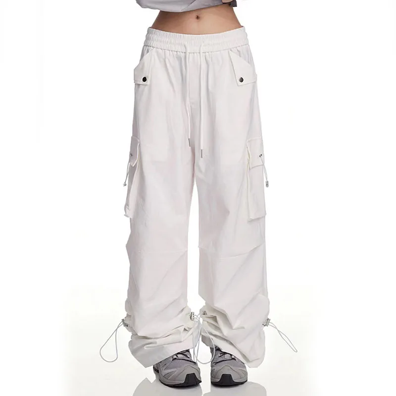 Y2K White Parachute Cargo Pants - High Waist Shirring - Oversized Streetwear