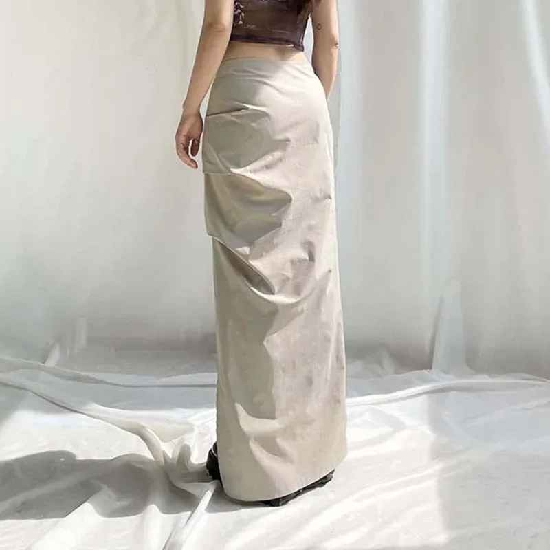 Y2K White Ruffle Drawstring Long Skirt - Streetwear with Pockets