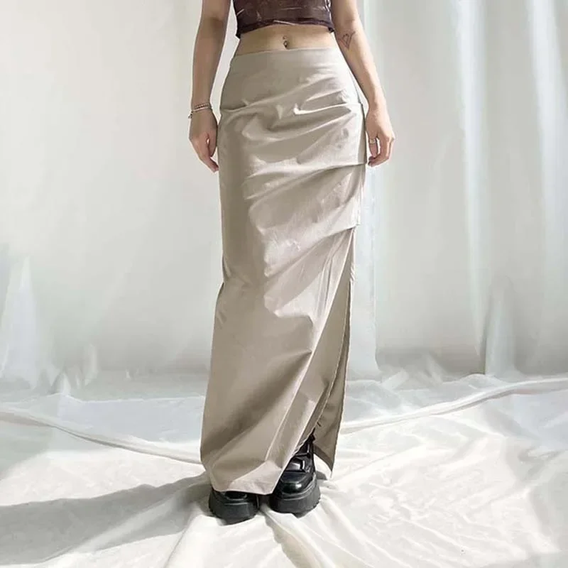 Y2K White Ruffle Drawstring Long Skirt - Streetwear with Pockets